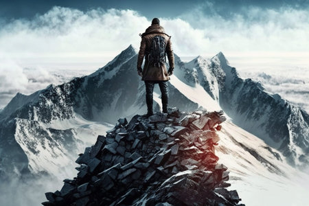 An illustration of a man standing on the summit of a mountain, symbolizing achievement, victory, and...