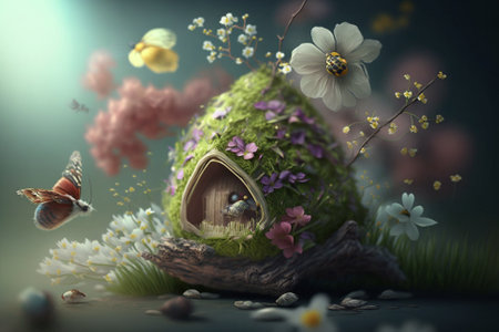 A beautiful illustration showcasing the arrival of spring with blooming flowers, lush vegetation, and green grass. The image captures the essence of springtime and the rejuvenation of nature. Ai generatedの写真素材