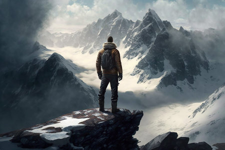 An illustration of a man standing on the summit of a mountain, symbolizing achievement, victory, and...