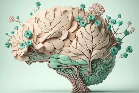 illustration of a human brain transformed into a tree, with flowers growing from it, representing...