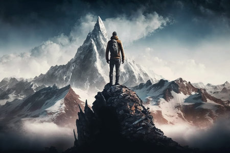 An illustration of a man standing on the summit of a mountain, symbolizing achievement, victory, and...