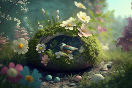 A beautiful illustration showcasing the arrival of spring with blooming flowers, lush vegetation, and green grass. The image captures the essence of springtime and the rejuvenation of nature. Ai generatedの写真素材