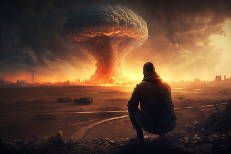Man witnessing a giant atomic explosion. End of the world, armagedon concept with man and enormous fire explosion blast. Ai generatedの素材