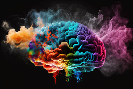 Vibrant human Brain made of Colorful smoke representing creativre ideas, inspiration, creativity concept, fresh ideas, positivity. Ai generatedの素材