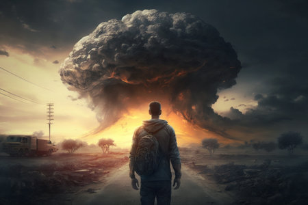 Man witnessing a giant atomic explosion. End of the world, armagedon concept with man and enormous fire explosion blast. Ai generatedの素材