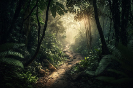 Path Trail road on a luxuriant tropical Jungle forest with beautiful morning lighting. Forest trail in the Jungle. Ai generatedの素材