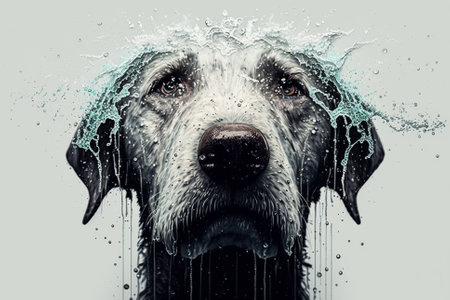 Wet dog head splashing water shaking his head. Dog shaking his head and splashing water all over on a black background.. Ai generatedの素材