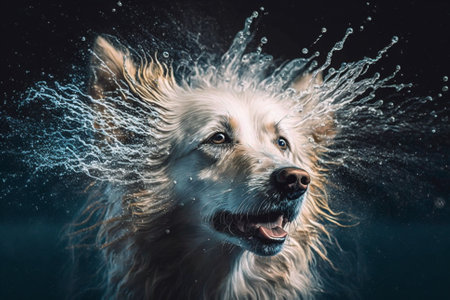 Wet dog head splashing water shaking his head. Dog shaking his head and splashing water all over on a black background.. Ai generatedの素材