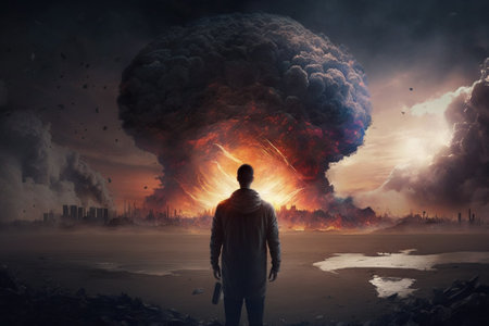 Man witnessing a giant atomic explosion. End of the world, armagedon concept with man and enormous fire explosion blast. Ai generatedの素材