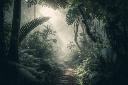 Path Trail road on a luxuriant tropical Jungle forest with beautiful morning lighting. Forest trail in the Jungle. Ai generatedの素材