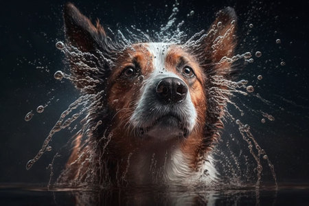 Wet dog head splashing water shaking his head. Dog shaking his head and splashing water all over on a black background.. Ai generatedの素材
