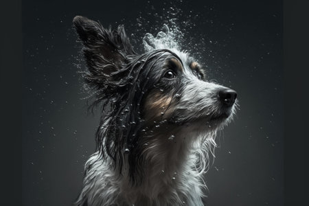 Wet dog head splashing water shaking his head. Dog shaking his head and splashing water all over on a black background.. Ai generatedの素材