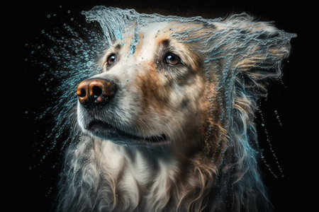 Wet dog head splashing water shaking his head. Dog shaking his head and splashing water all over on a black background.. Ai generatedの素材