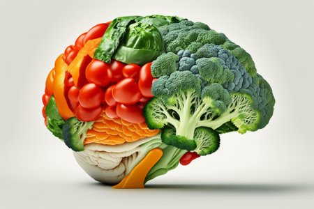 A brain made of Veggies. Vegetables in a shape of a human brain representing love for vegetables and vegan lifestyle illustration. Ai generatedの素材