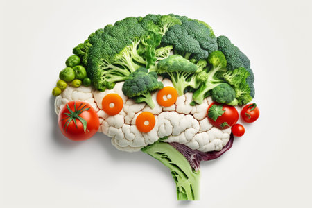 A brain made of Veggies. Vegetables in a shape of a human brain representing love for vegetables and vegan lifestyle illustration. Ai generatedの素材