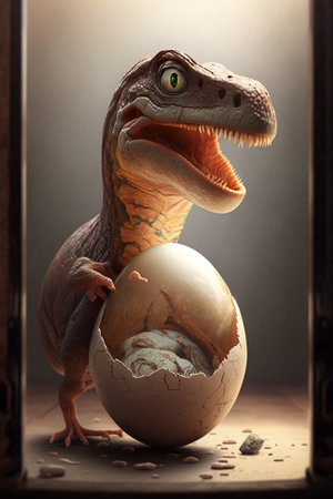 Baby Dinosaur Nesting out of an Egg. Dinosaur coming out of an egg shell illustration. Ai generatedの素材