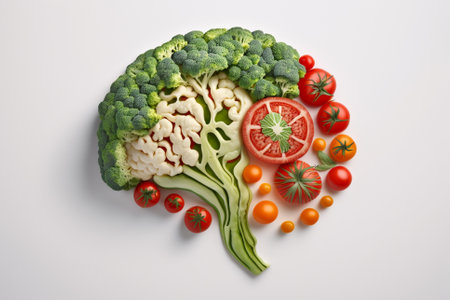 A brain made of Veggies. Vegetables in a shape of a human brain representing love for vegetables and vegan lifestyle illustration. Ai generatedの素材