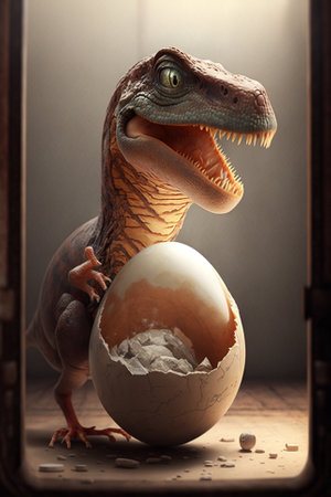 Baby Dinosaur Nesting out of an Egg. Dinosaur coming out of an egg shell illustration. Ai generatedの素材
