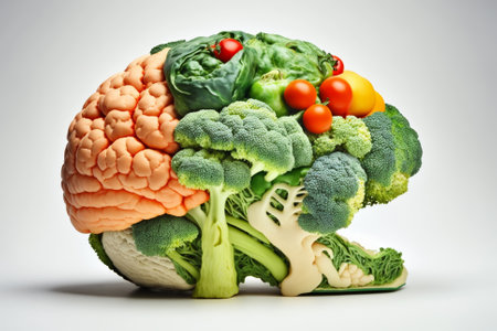 A brain made of Veggies. Vegetables in a shape of a human brain representing love for vegetables and vegan lifestyle illustration. Ai generatedの素材