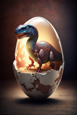 Baby Dinosaur Nesting out of an Egg. Dinosaur coming out of an egg shell illustration. Ai generatedの素材