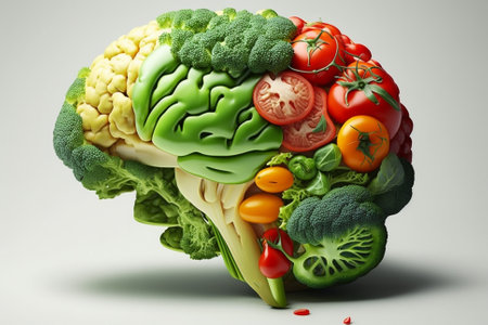 A brain made of Veggies. Vegetables in a shape of a human brain representing love for vegetables and vegan lifestyle illustration. Ai generatedの素材