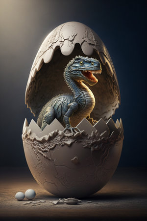 Baby Dinosaur Nesting out of an Egg. Dinosaur coming out of an egg shell illustration. Ai generatedの素材