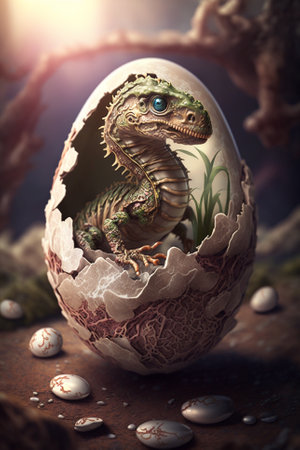 Baby Dinosaur Nesting out of an Egg. Dinosaur coming out of an egg shell illustration. Ai generatedの素材