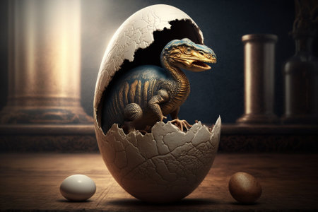 Baby Dinosaur Nesting out of an Egg. Dinosaur coming out of an egg shell illustration. Ai generatedの素材