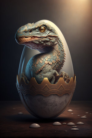 Baby Dinosaur Nesting out of an Egg. Dinosaur coming out of an egg shell illustration. Ai generatedの素材