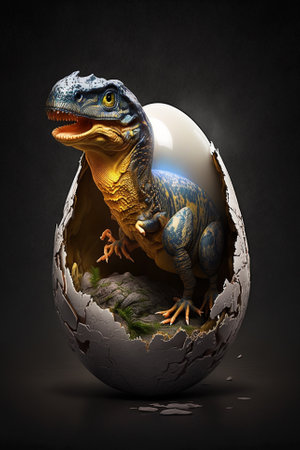 Baby Dinosaur Nesting out of an Egg. Dinosaur coming out of an egg shell illustration. Ai generatedの素材