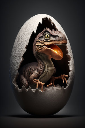 Baby Dinosaur Nesting out of an Egg. Dinosaur coming out of an egg shell illustration. Ai generatedの素材