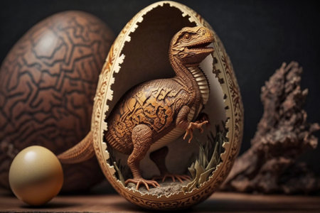 Baby Dinosaur Nesting out of an Egg. Dinosaur coming out of an egg shell illustration. Ai generatedの素材