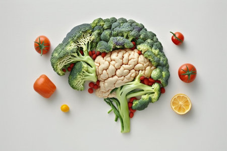 A brain made of Veggies. Vegetables in a shape of a human brain representing love for vegetables and vegan lifestyle illustration. Ai generatedの素材