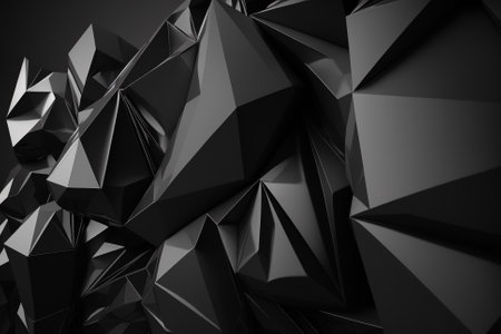 Faceted dark black background with triangles and artistic faceted 3D elements. Dark Background with faceted 3d elements illustration. Ai generatedの素材