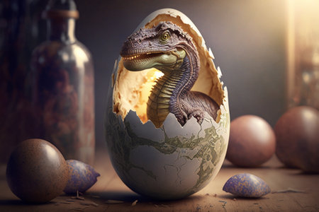 Baby Dinosaur Nesting out of an Egg. Dinosaur coming out of an egg shell illustration. Ai generatedの素材
