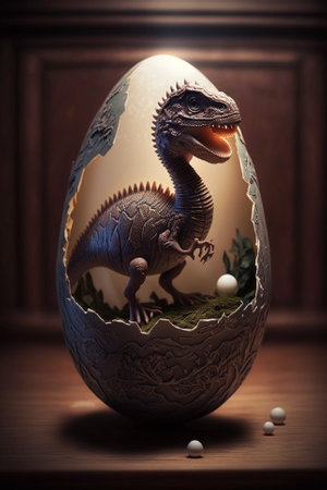 Baby Dinosaur Nesting out of an Egg. Dinosaur coming out of an egg shell illustration. Ai generatedの素材