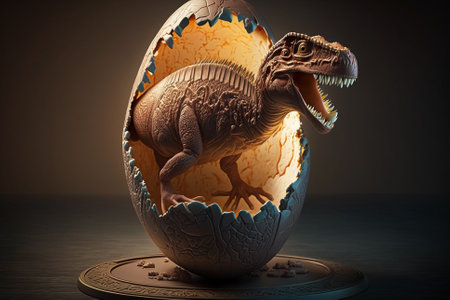 Baby Dinosaur Nesting out of an Egg. Dinosaur coming out of an egg shell illustration. Ai generatedの素材