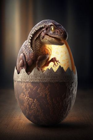 Baby Dinosaur Nesting out of an Egg. Dinosaur coming out of an egg shell illustration. Ai generatedの素材