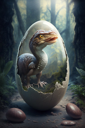Baby Dinosaur Nesting out of an Egg. Dinosaur coming out of an egg shell illustration. Ai generatedの素材