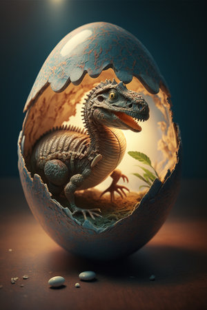 Baby Dinosaur Nesting out of an Egg. Dinosaur coming out of an egg shell illustration. Ai generatedの素材