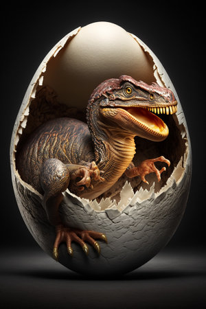 Baby Dinosaur Nesting out of an Egg. Dinosaur coming out of an egg shell illustration. Ai generatedの素材