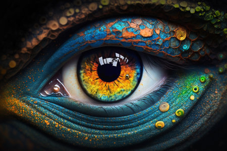 Fantasy Eye with Vibrant Amazing Colors Macro Close up view. Eye Macro with Vibrant Saturated Colors illustration. Ai generatedの素材