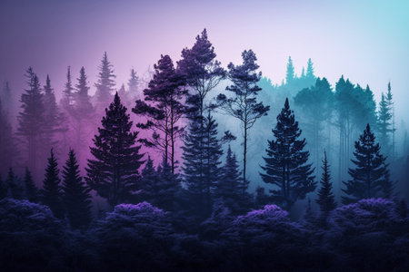 A foggy wood pine forest with dark trees shillouettes and purple blue colors. Dramatic fog in the forest illustration. Ai generatedの素材