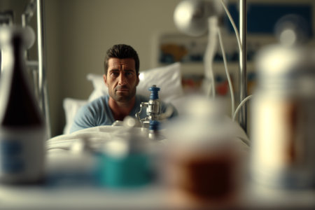 Man suffering on the Hospital Bed. Ill person in the hospital with medical equipment next to him. Ai generated illustration ( not a real person )の素材