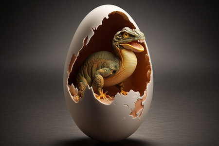 Baby Dinosaur Nesting out of an Egg. Dinosaur coming out of an egg shell illustration. Ai generatedの素材