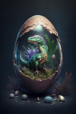 Baby Dinosaur Nesting out of an Egg. Dinosaur coming out of an egg shell illustration. Ai generatedの素材