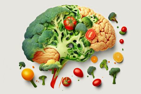 A brain made of Veggies. Vegetables in a shape of a human brain representing love for vegetables and vegan lifestyle illustration. Ai generatedの素材