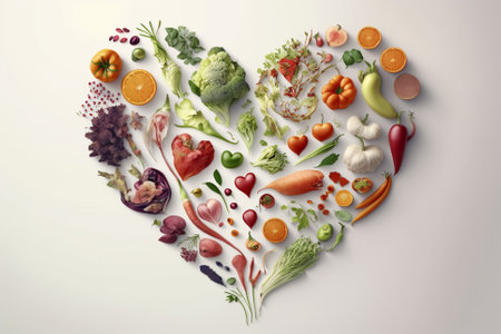 Vegetables in a Heart Shape. Heart shaped healthy vegetables. Vegetarian diet, healthy vegetables, love for veggies concept illustration. Ai generatedの素材