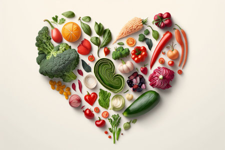 Vegetables in a Heart Shape. Heart shaped healthy vegetables. Vegetarian diet, healthy vegetables, love for veggies concept illustration. Ai generatedの素材