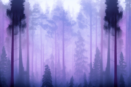 A foggy wood pine forest with dark trees shillouettes and purple blue colors. Dramatic fog in the forest illustration. Ai generatedの素材